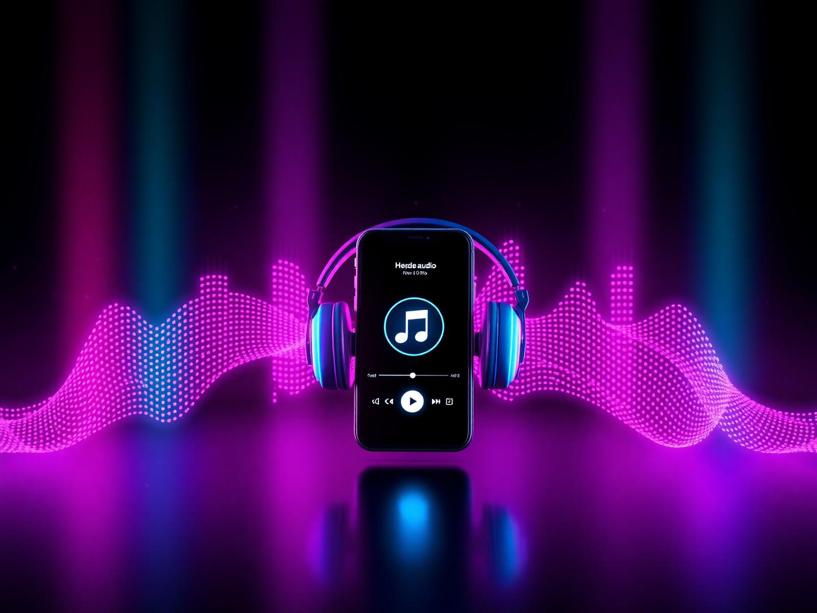 App Xtream Music com fones e ondas sonoras neon